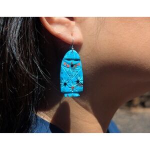 Navajo Dangle Earrings Hand cut‎ Native American Green Turquoise Slab Jewelry **